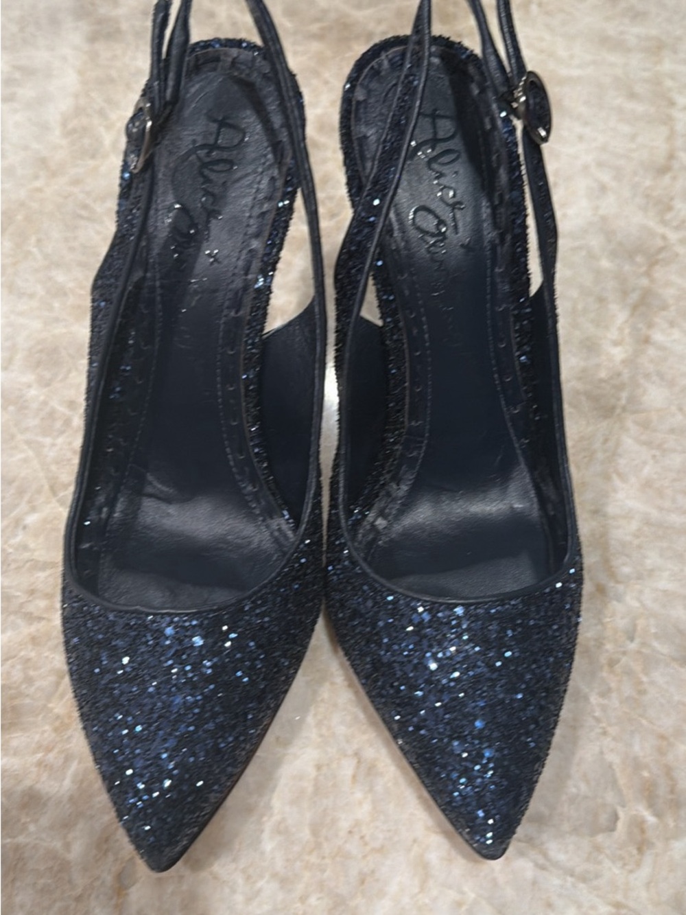 Alice + Olivia Navy Glitter Pointed-Toe Slingback Heels